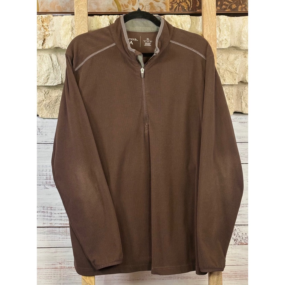 Antigua Mens XL Brown Quarter Zip Micro Ribbed Waffle Golf Pullover